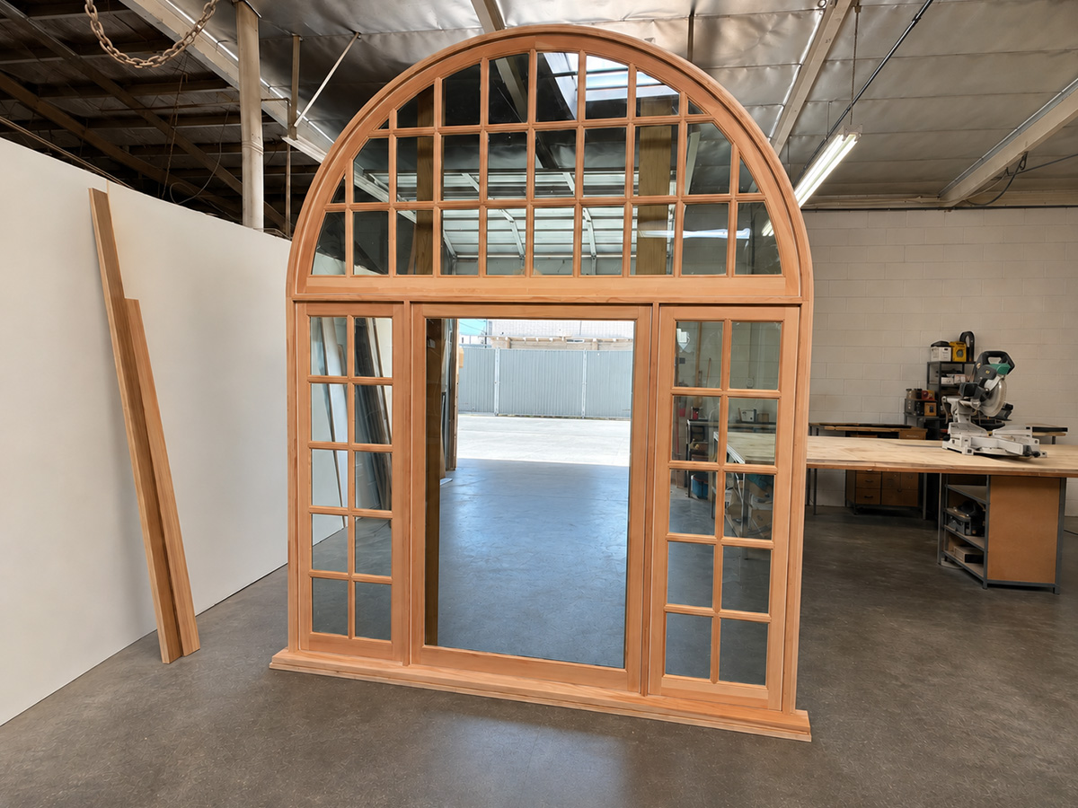 Architectural wood window or door detail in a finished interior