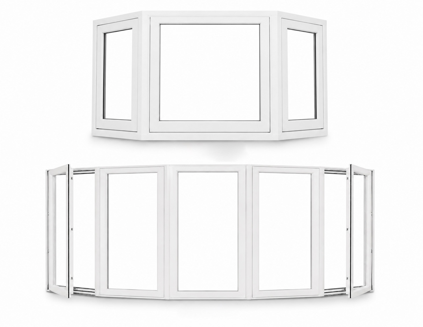 Bay or bow window projecting from a residential exterior
